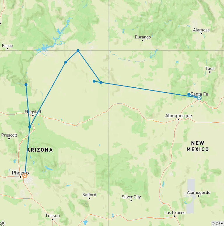 Map of Spirit of the American Southwest Landscapes & Cultures of New Mexico & Arizona (Santa Fe, NM to Scottsdale, AZ)