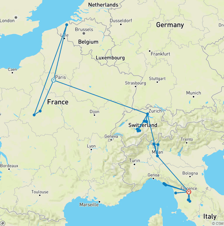 Map of 14-Day Tour: Paris, Zurich, Milan & Florence Discovery