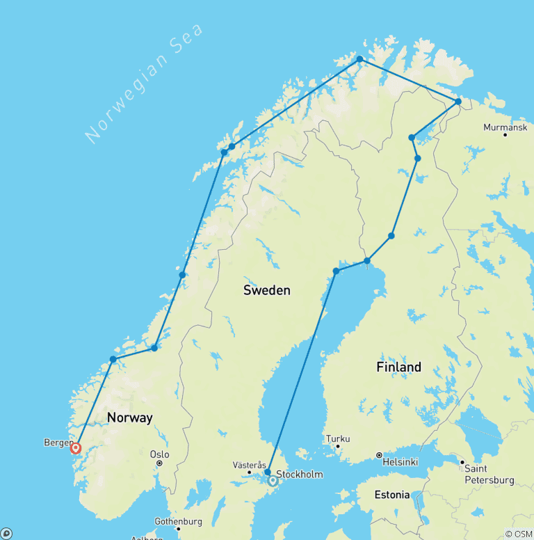 Map of Nordic Discovery Sweden, Finnish Lapland & 5-Night Cruise of Norway's Coast (Stockholm to Bergen)