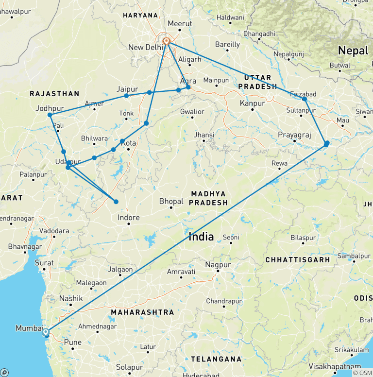 Map of Ranthambore Safari & Cultural Heritage Tour India