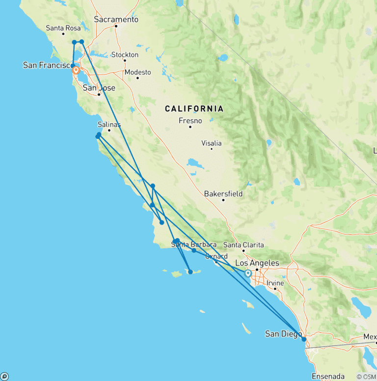 Map of Coastal California, Napa & the Central Valley with San Francisco Extension