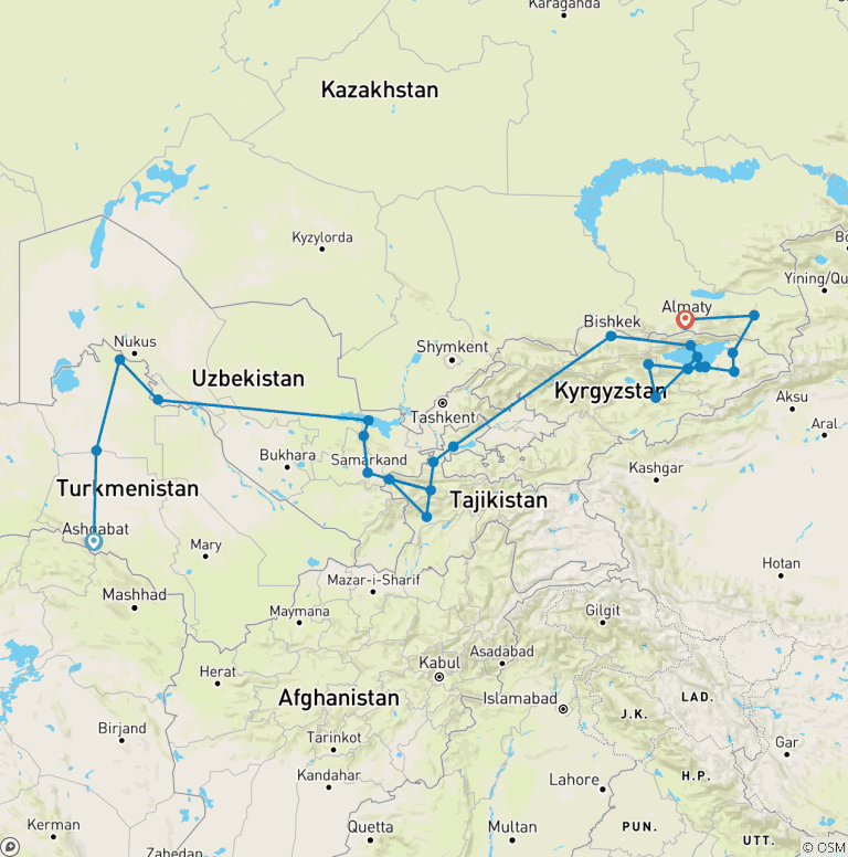 Map of Silk Road Odyssey: The Five Stans Adventure and World Nomad Games 2026 (70 destinations)