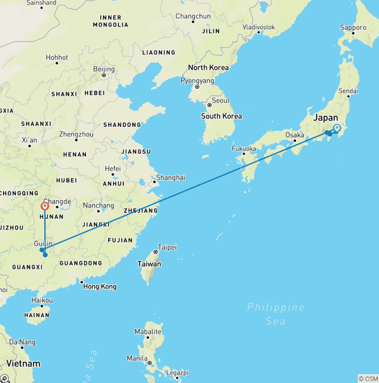 Map of 13 Days Family Adventure Through Japan and China Natural Wonders (private guide and driver）- Customizable