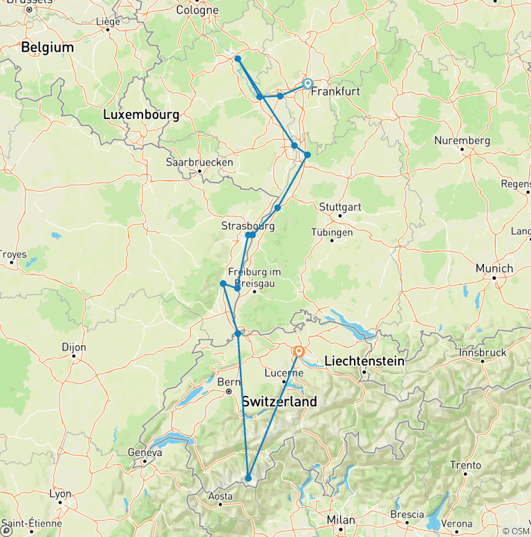 Map of The Majestic Rhine & Glacier Express 2027 - 11 Days (14 destinations)