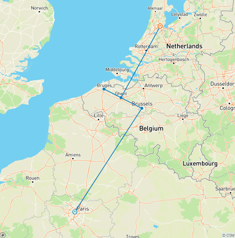 Map of Paris to Amsterdam (6 destinations)