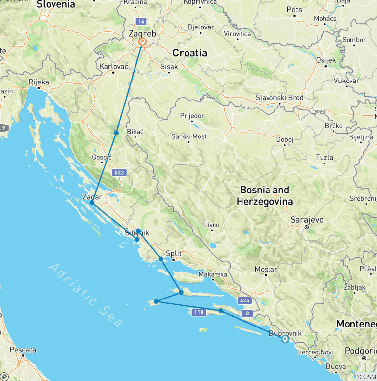 Map of Timeless Dalmatia Cruise & land