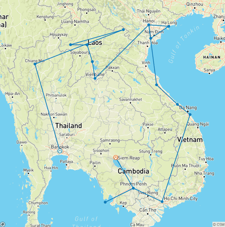 Map of 38-Day Grand South East Asia Loop Adventure