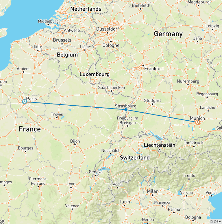 Map of Paris, Strasbourg and Munich in a Week