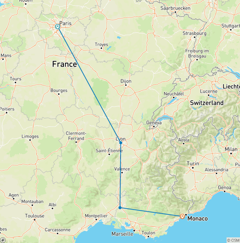 Map of Paris, Lyon, Avignon and Nice in 10 Days