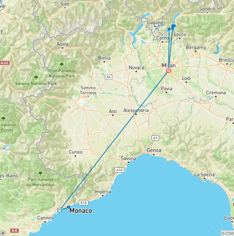 Map of Nice and Milan in a week