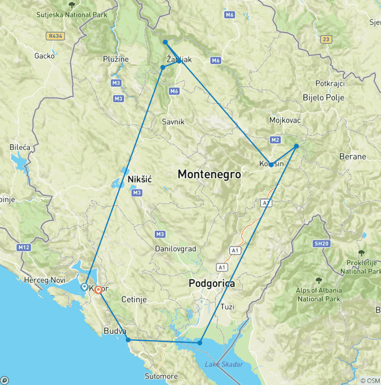 Map of Montenegro Road Trip Nature and Alpine Peaks 5 Days Adventure