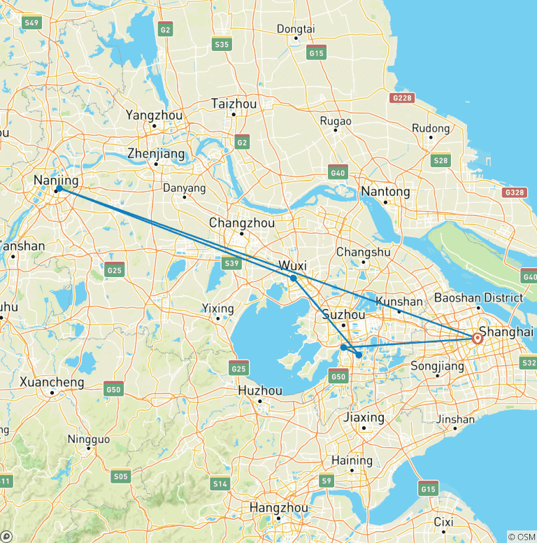 Map of Luxury 4-Days Private Tour in East China: Shanghai, Suzhou, Wuxi, Nanjing