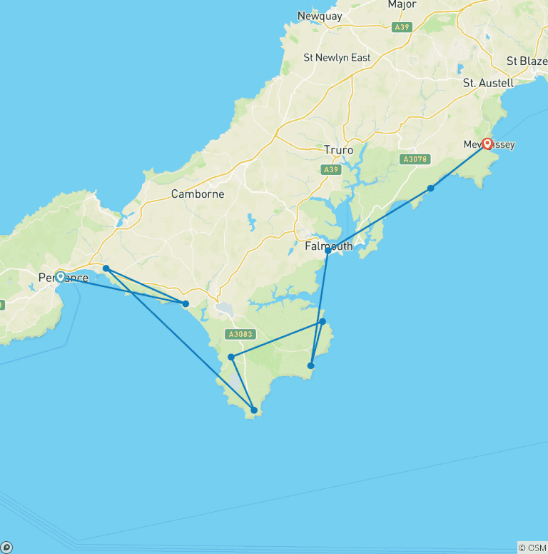 Map of Cornwall - South West Coastal Path: From Penzance to Mevagissey 8 Days