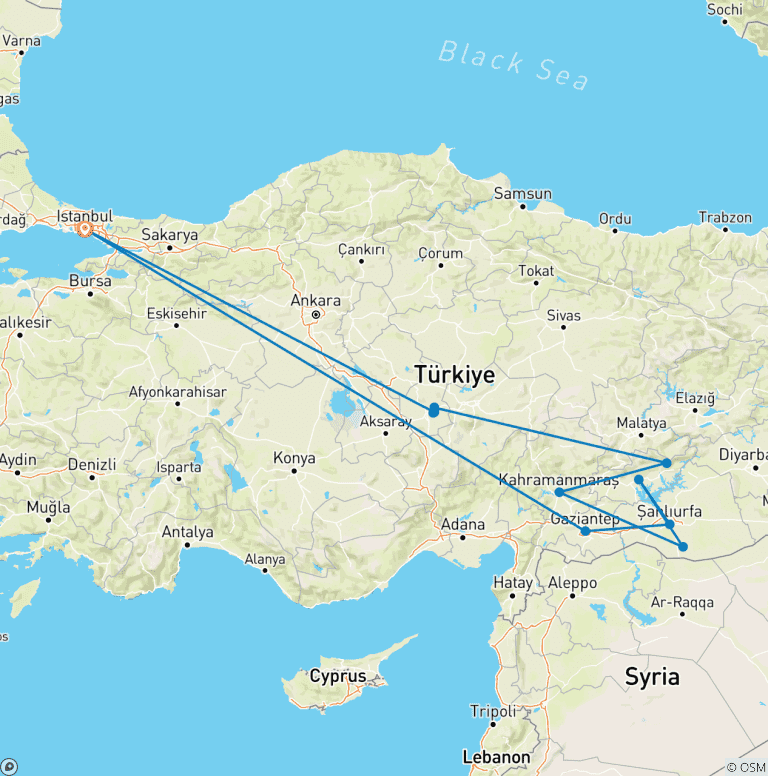 Map of Istanbul, Cappadocia & Mesopotamia - 9 days