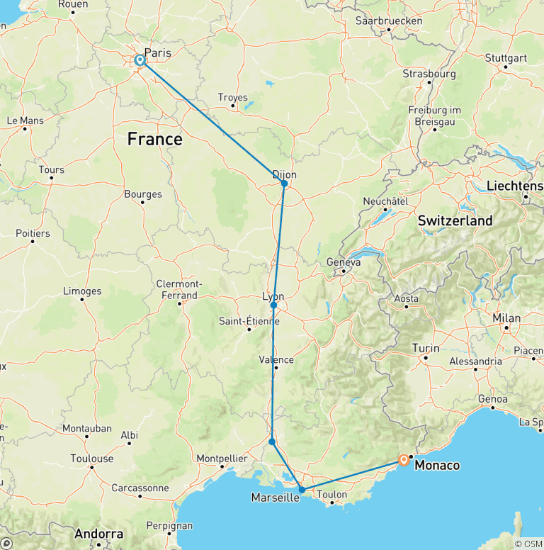 Map of Grand tour of  France in 14 : Covering Paris, Dijon, Lyon, Avignon, Marseille & Nice