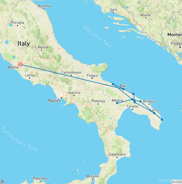 Map of Highlights of Puglia from Rome - 11 days