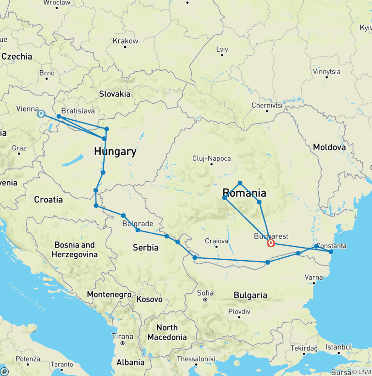 Map of Lower Danube Discovery with Vienna & Transylvania 2027 - 22 Days (22 destinations)