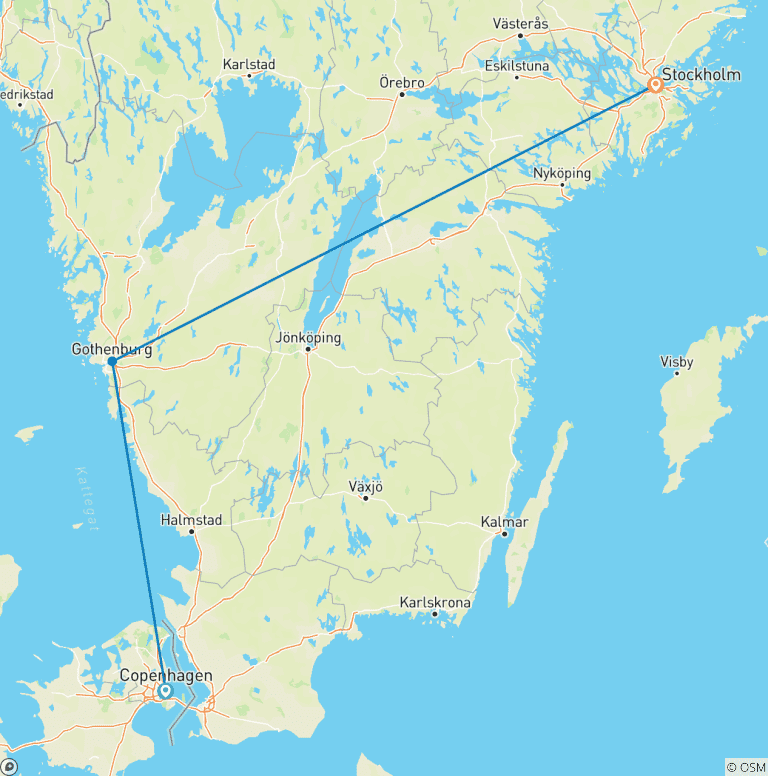 Map of Denmark and Sweden in a week - Covering Copenhagen Gothenburg and Stockholm