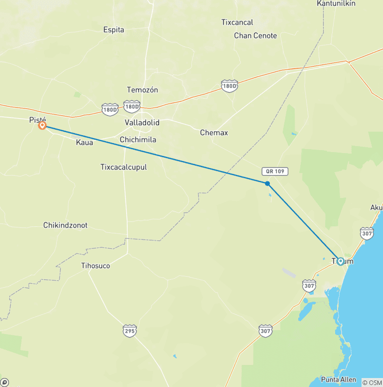 Map of Tulum to Chichen Itza Short Break