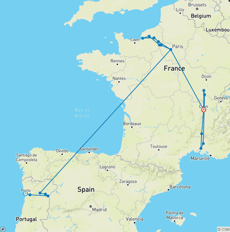 Map of France and Portugal Encounter 2027 - 31 Days (20 destinations)