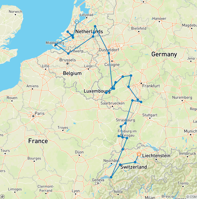 Map of Romantic Rhine & Moselle with Amsterdam & Switzerland 2027 - 21 Days (from Amsterdam to Zurich)