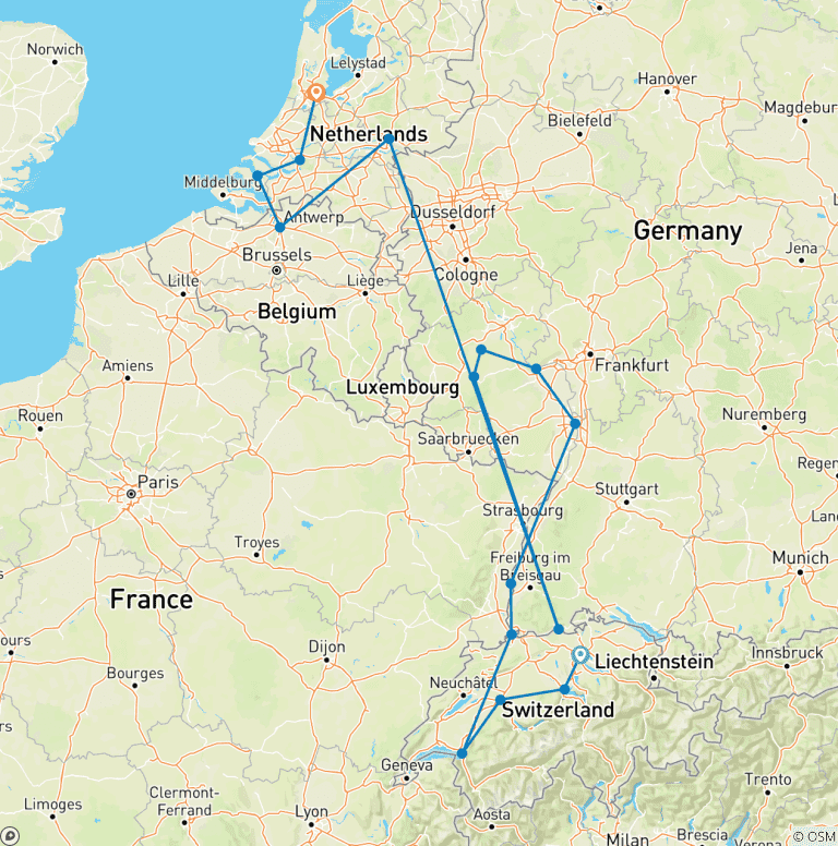 Map of Romantic Rhine & Moselle with Amsterdam & Switzerland 2027 - 21 Days
