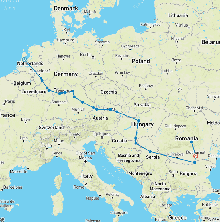 Map of Iconic Europe, from Amsterdam to Bucharest with Transylvania 2027 - 27 Days (25 destinations)