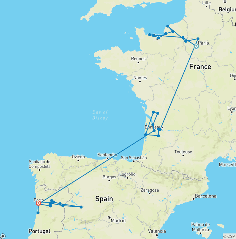 Map of France & Douro Masterpiece 2027 - 31 Days (from Paris to Porto)