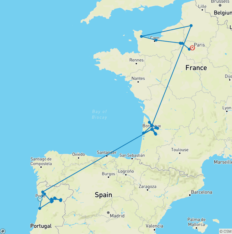 Map of France & Douro Masterpiece 2027 - 31 Days (from Porto to Paris)