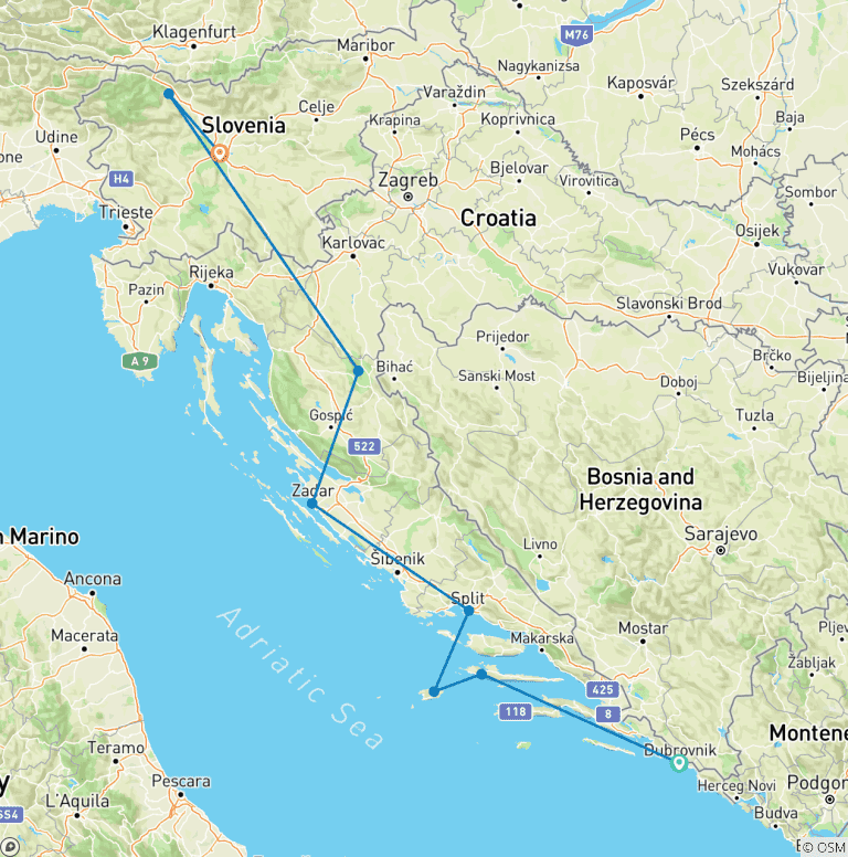Map of Dubrovnik to Ljubljana