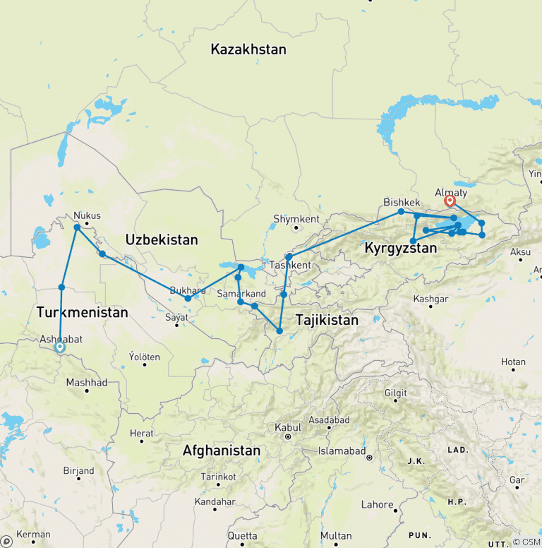 Map of Silk Road Odyssey: The Five Stans Adventure and World Nomad Games 2026 (68 destinations)
