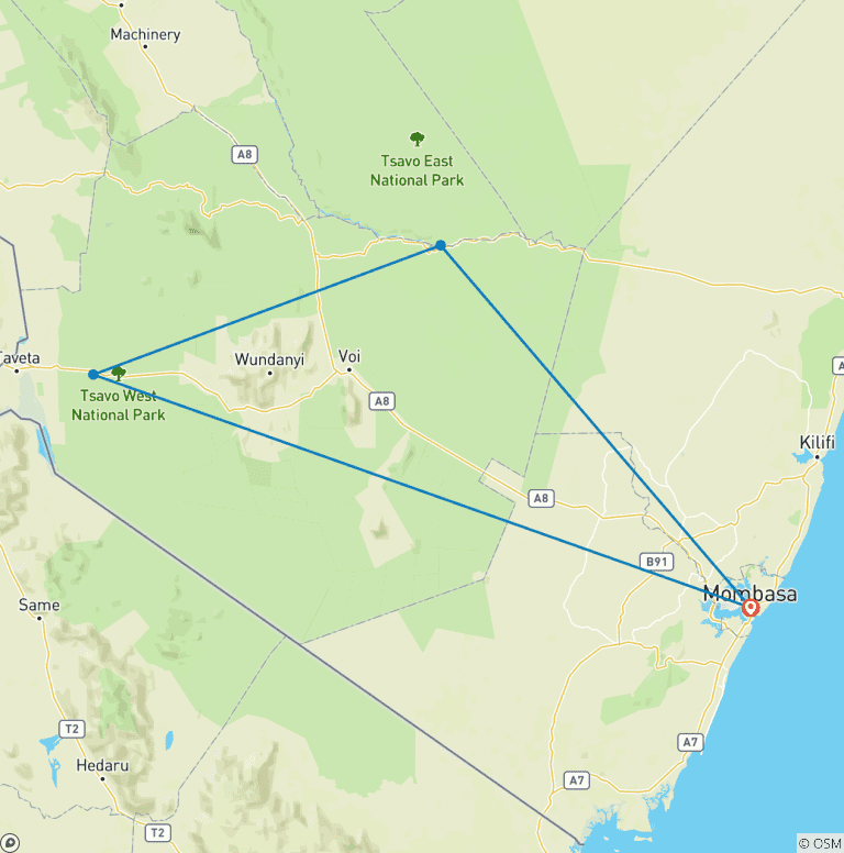 Map of Kenya Safari & Beach Holiday: Mombasa, Tsavo East & Tsavo West Tour 7 Days