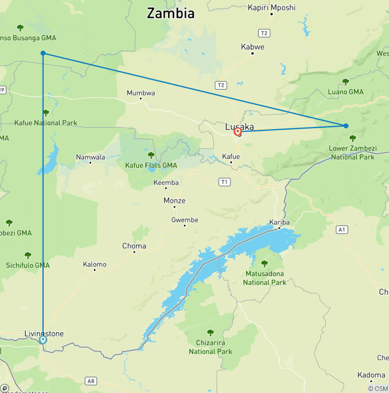 Map of Kafue and Lower Zambezi National Parks