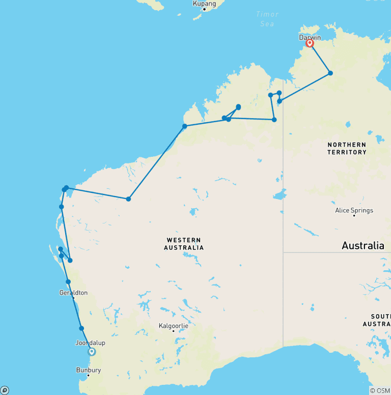 Map of Perth to Darwin Tour with Ningaloo Reef, Exmouth, Karijini & The Kimberley