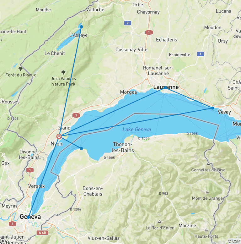 Map of Cycling holidays Lake Geneva Discovery Tour