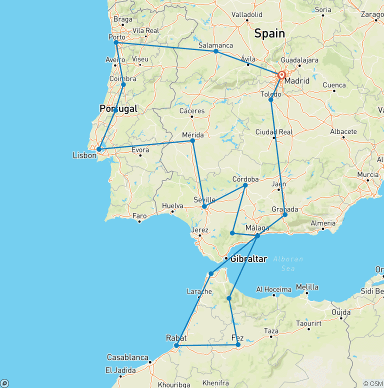 Map of 14-Day Portugal, Andalucia & Morocco
