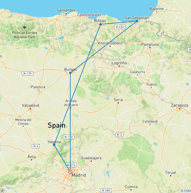 Map of Basque Country from Madrid (6 destinations)