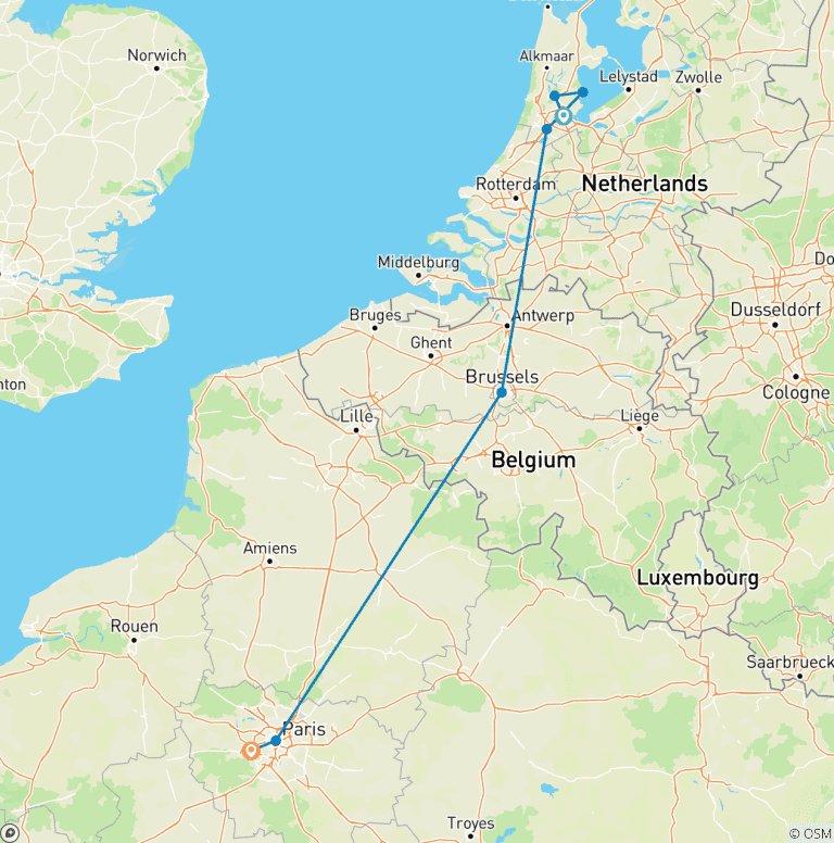 Map of Amsterdam and Paris (from Amsterdam to Versailles)