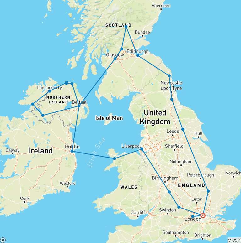 Map of Great British and Irish Route with London (25 destinations)