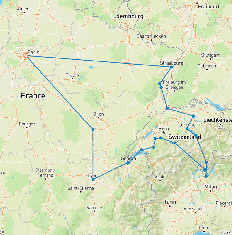 Map of France and Switzerland with enchanted Alsace (including Fribourg)
