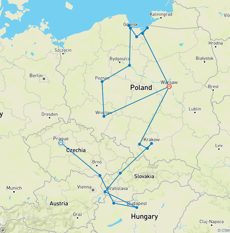 Map of Czech Republic, Budapest, and Tour of Northern Poland