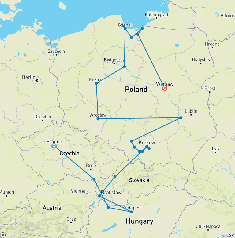 Map of Czech Republic, Budapest, and Wonders of Poland