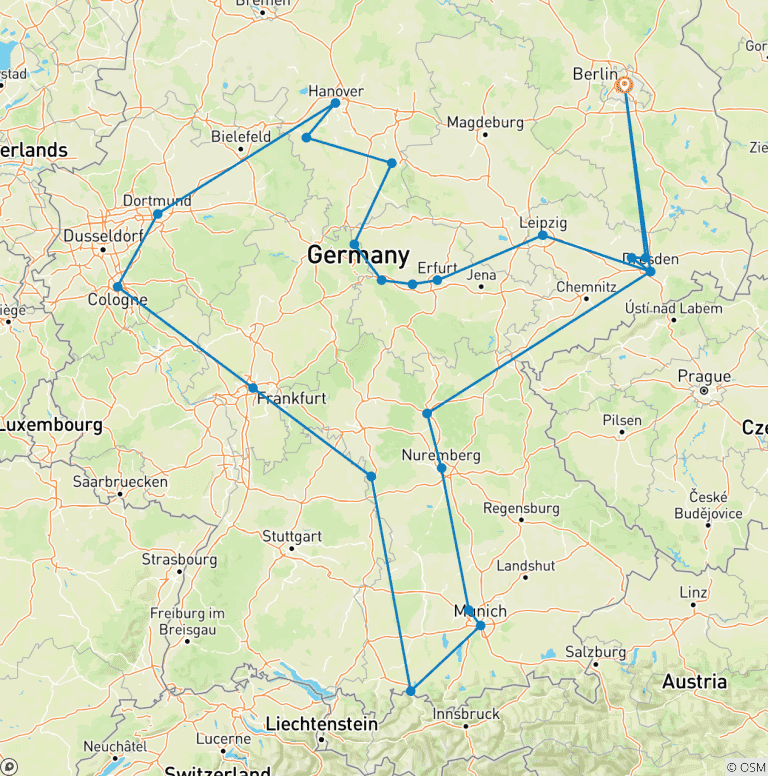 Map of Great Cities and Castles Route with Berlin (23 destinations)
