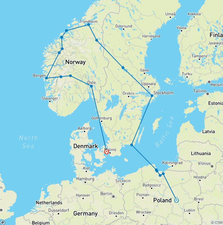 Map of Fabulous Poland and Fjords End Copenhagen