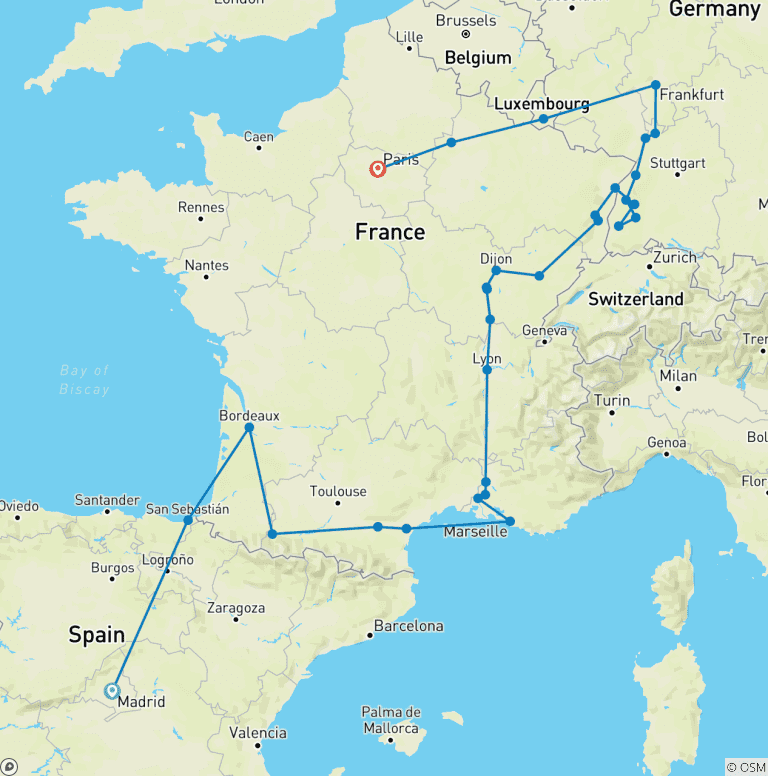 Map of Spain, Burgundy, Alsace and Black Forest (30 destinations)