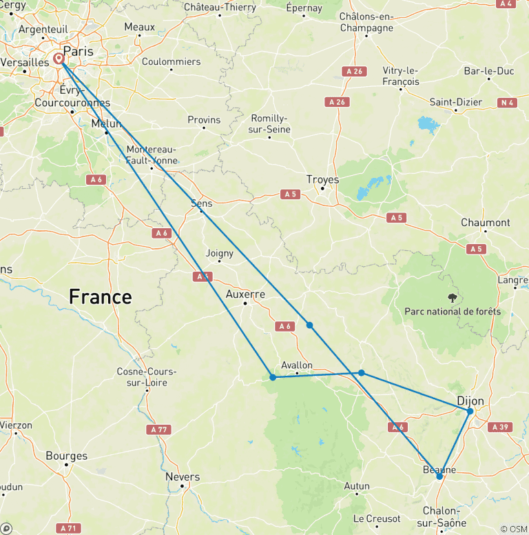 Map of Wonders of Burgundy (7 destinations)
