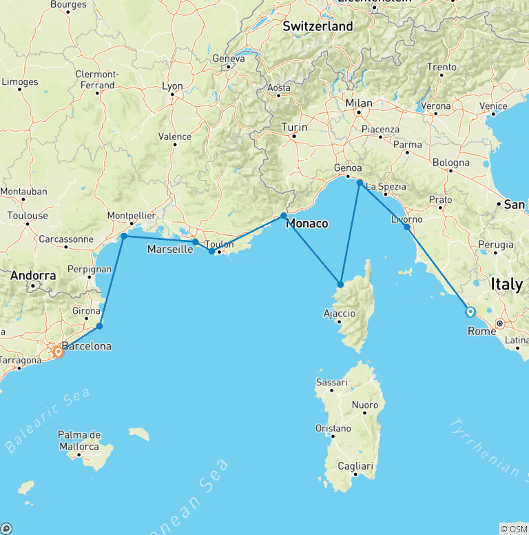 Map of Mediterranean Rivieras: Rome to Barcelona