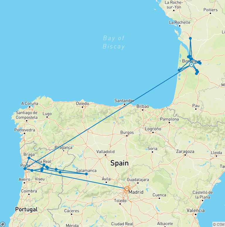 Map of Beautiful Bordeaux & Unforgettable Douro with Madrid 2027 - 24 Days (from Bordeaux to Madrid)