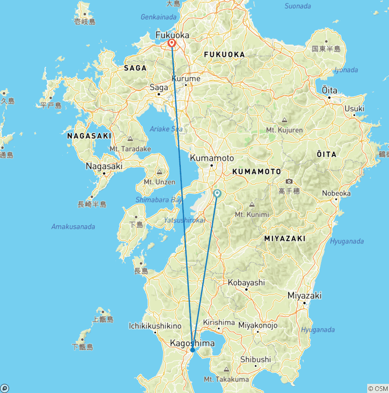 Map of 10-Day Kyushu Adventure in Japan (Self-Guided)