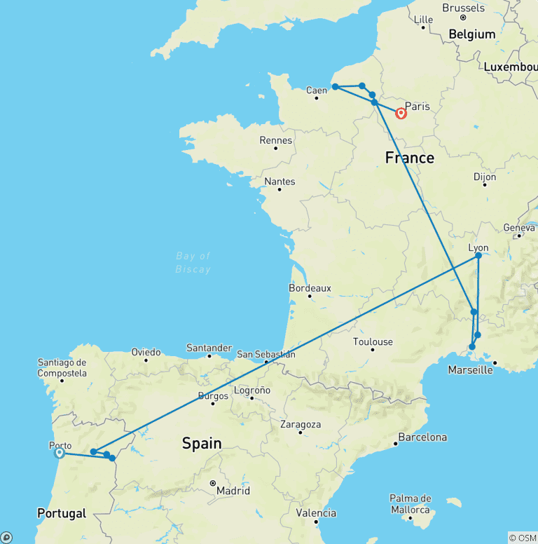 Map of France and Portugal Encounter 2027 - 31 Days (from Porto to Paris)